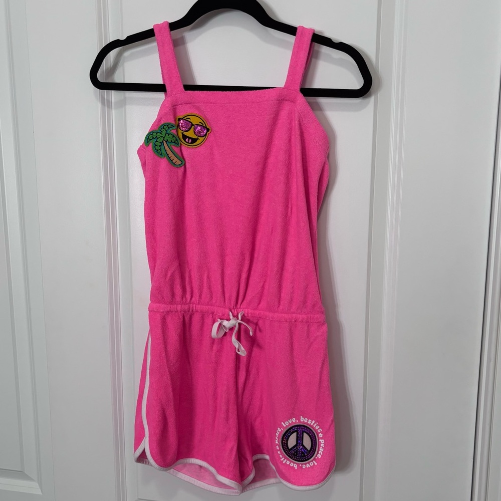 Justice pink terry cloth romper/ bathing suit cover up hot pink embroidery 12/14